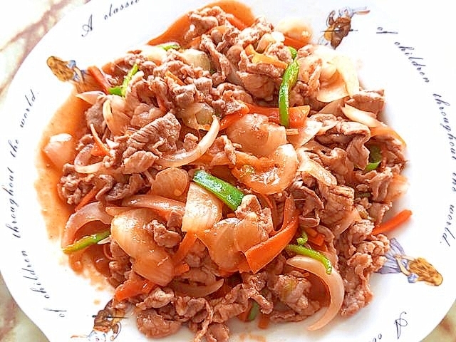 豚こまで時短ワンパン!豚こまと野菜のナポリタン風♪