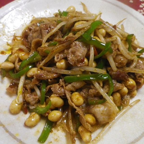 もやしピーマン大豆の味噌豆鼓豚炒め