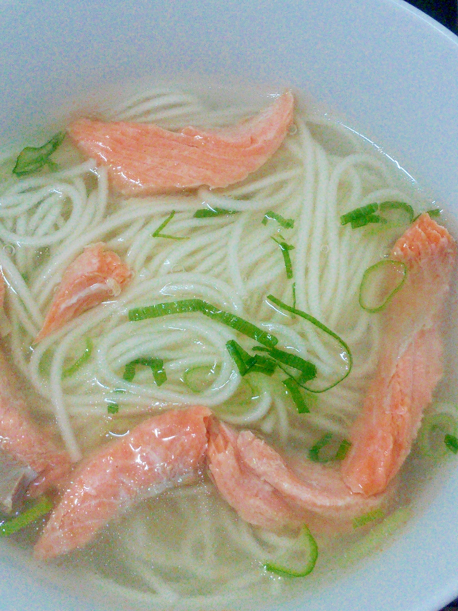 胃腸にやさしい☆サーモンとネギのあったかにゅうめん