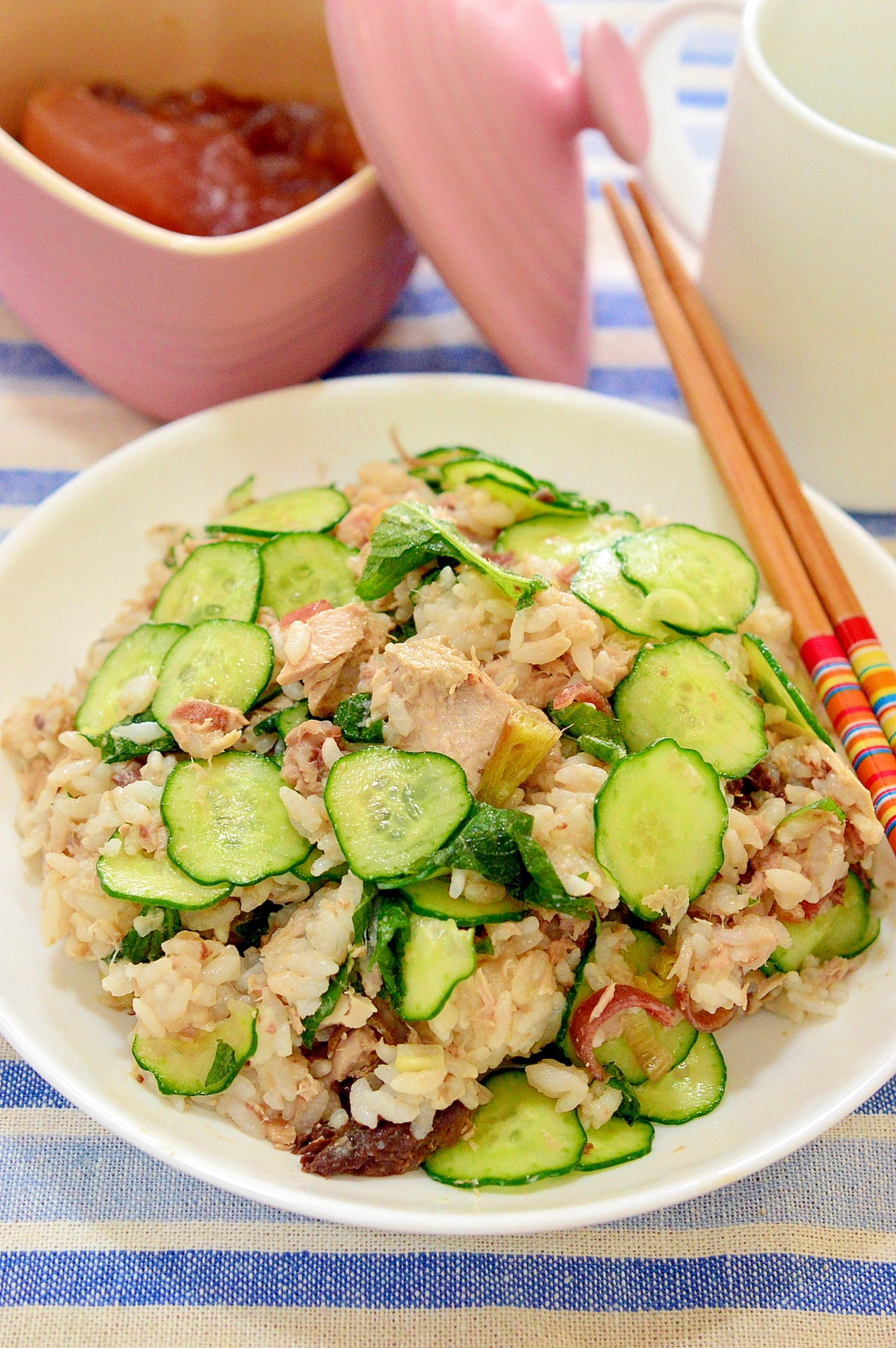 冷やして旨い♪まぐろときゅうりの☆香味野菜入りご飯