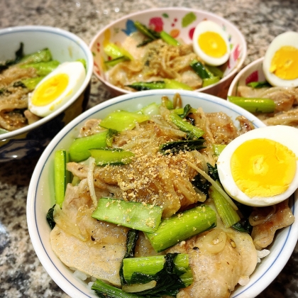 ささっと肉野菜で！豚こまともやし・小松菜の塩炒め丼