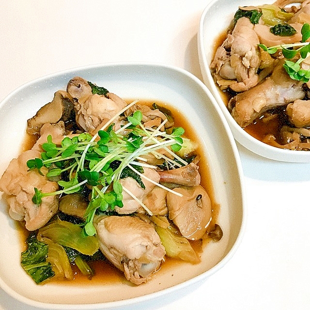 手羽元とキノコと青梗菜の♪にんにく醤油炒め