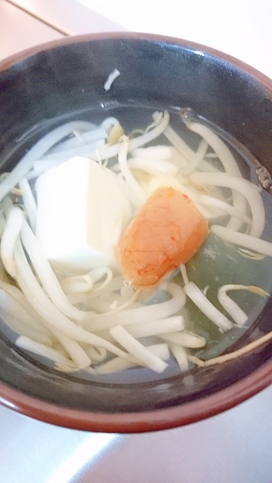 【汁物料理】もやしと五箇山豆腐と明太子のスープ