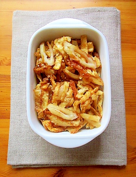 作り置きおかず♪油揚げとちくわの焼き肉のたれ炒め