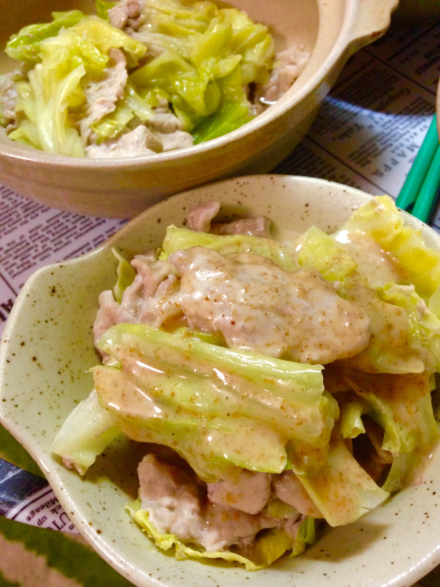 1人用土鍋クッキング♪キャベツと豚肉の温サラダ♪