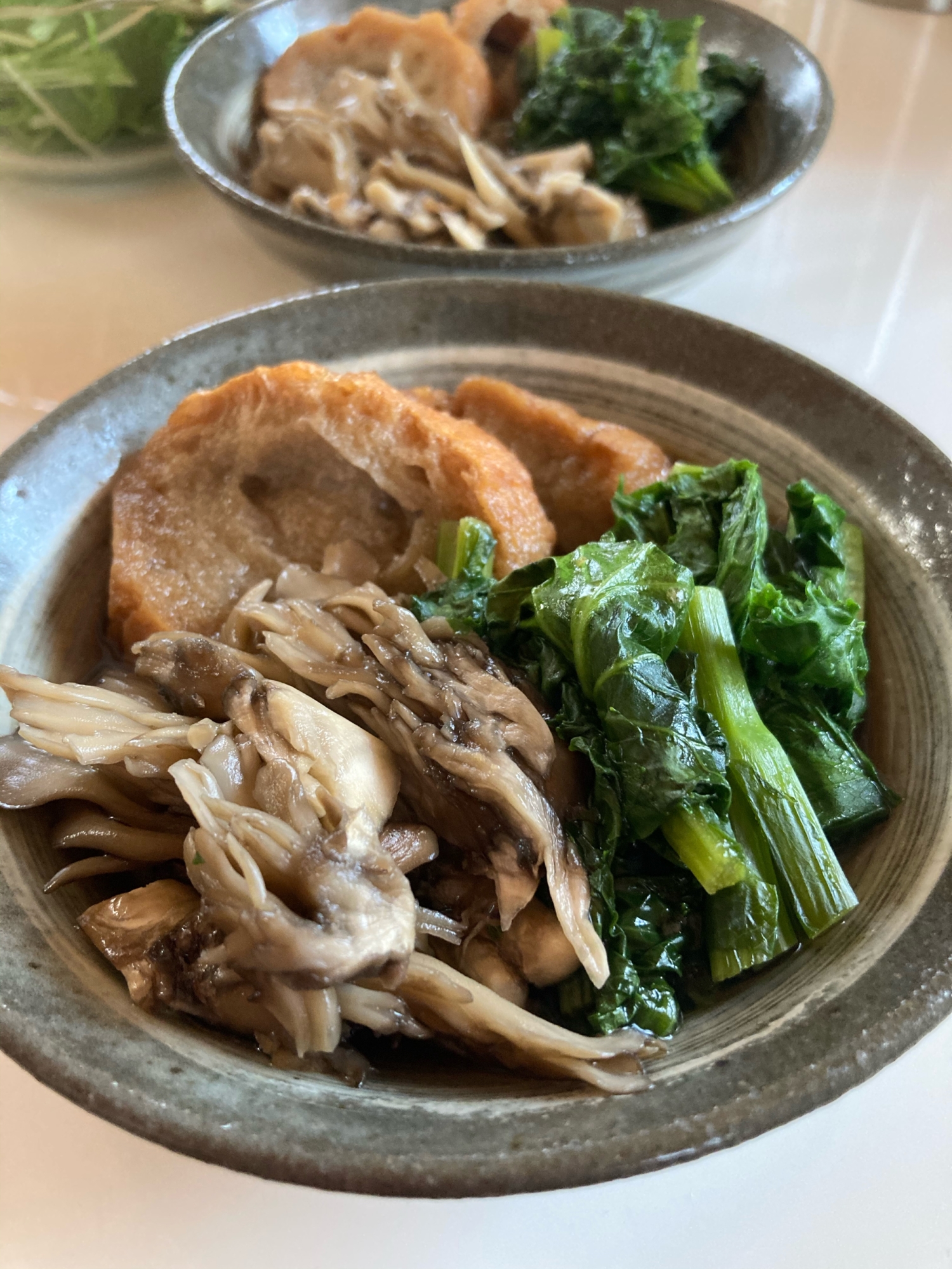 仙台麩ときのこ、青菜の含め煮