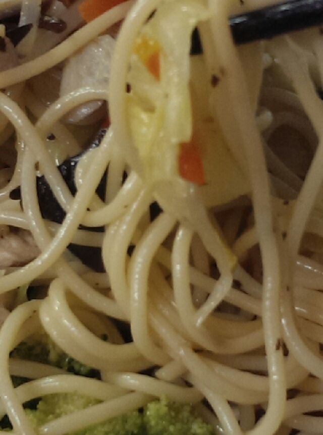 鶏肉としいたけとキャベツの和風パスタ