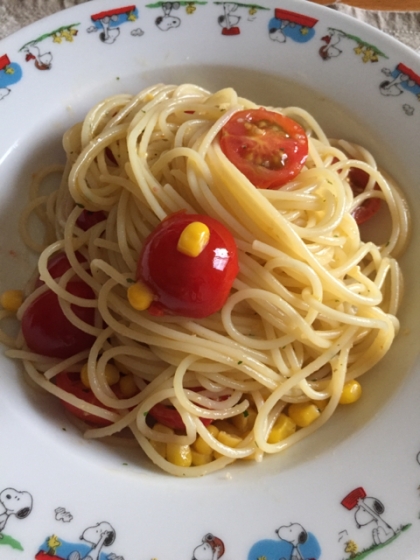 ミニトマトで作りました！トマトのフレッシュ感とコーンがとっても美味しかったです٩̋(๑˃́ꇴ˂̀๑)