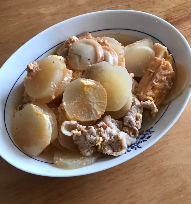 豚こま肉と厚揚げ、麩、大根のピリ辛卵とじ煮