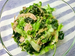 塩麹で野菜サラダ（レタス・きゅうり・わかめ・ツナ)