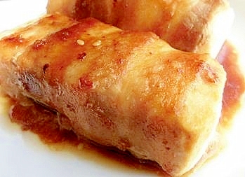 豚バラ巻き豆腐の照り焼き