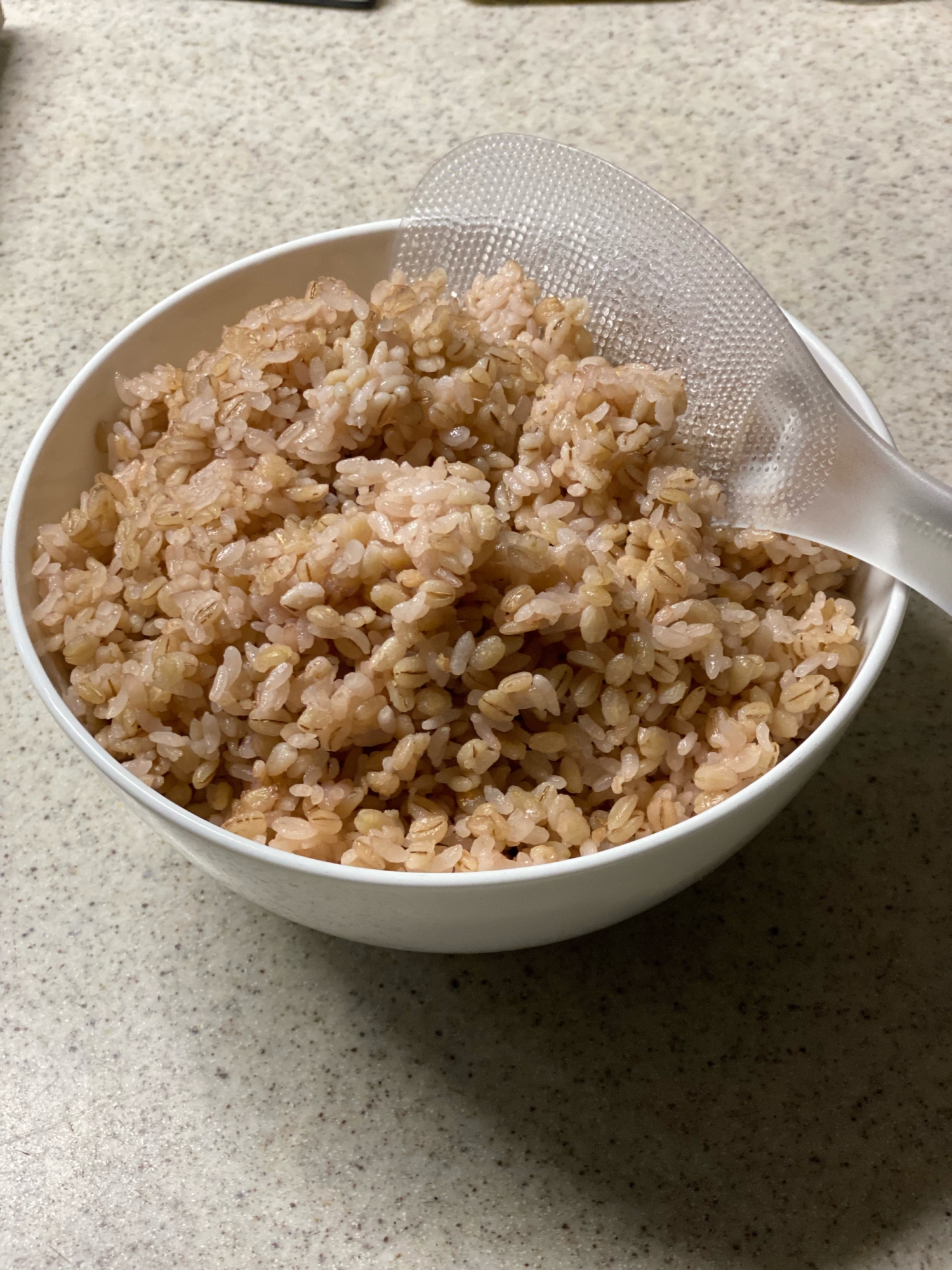 押し麦ごはん（ささげの茹で汁で炊く）