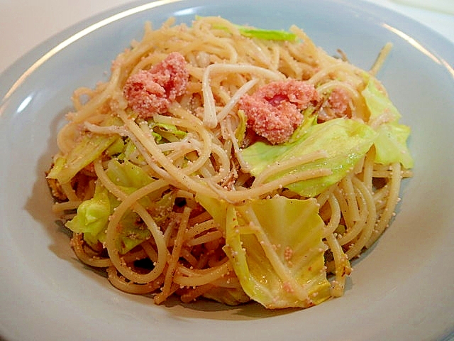 春キャベツとえのき茸と明太子のパスタ