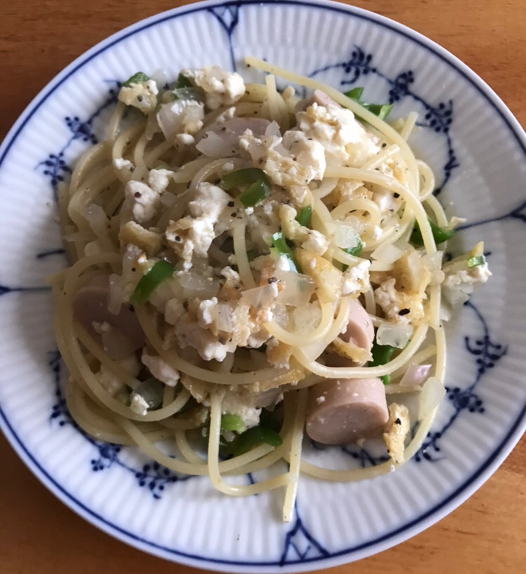 油揚げと魚ニソ、絹豆腐のパスタ