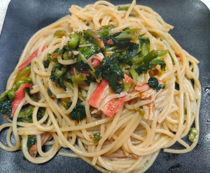 小松菜とスライスベーコンで和風パスタ