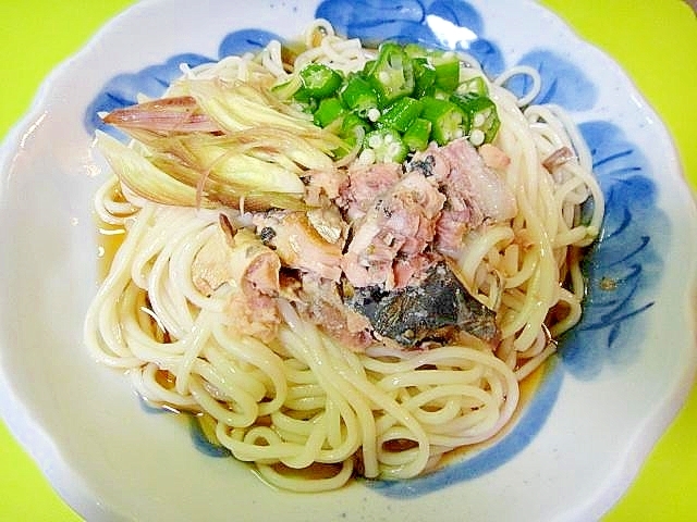 缶詰で☆サバとおくらミョウガの冷やしうどん