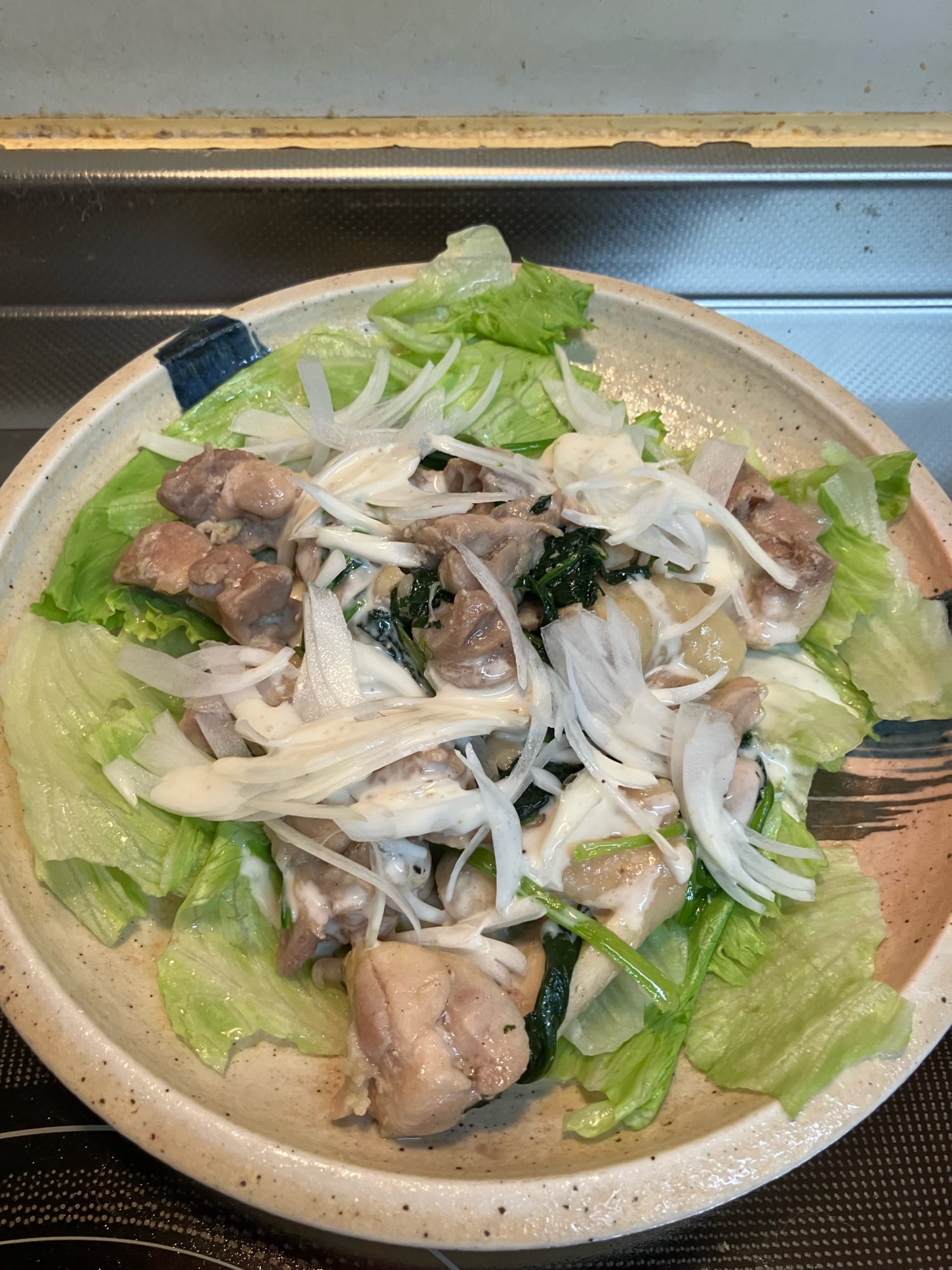 鶏肉とほうれん草の酒蒸し♪シーザードレッシング掛け