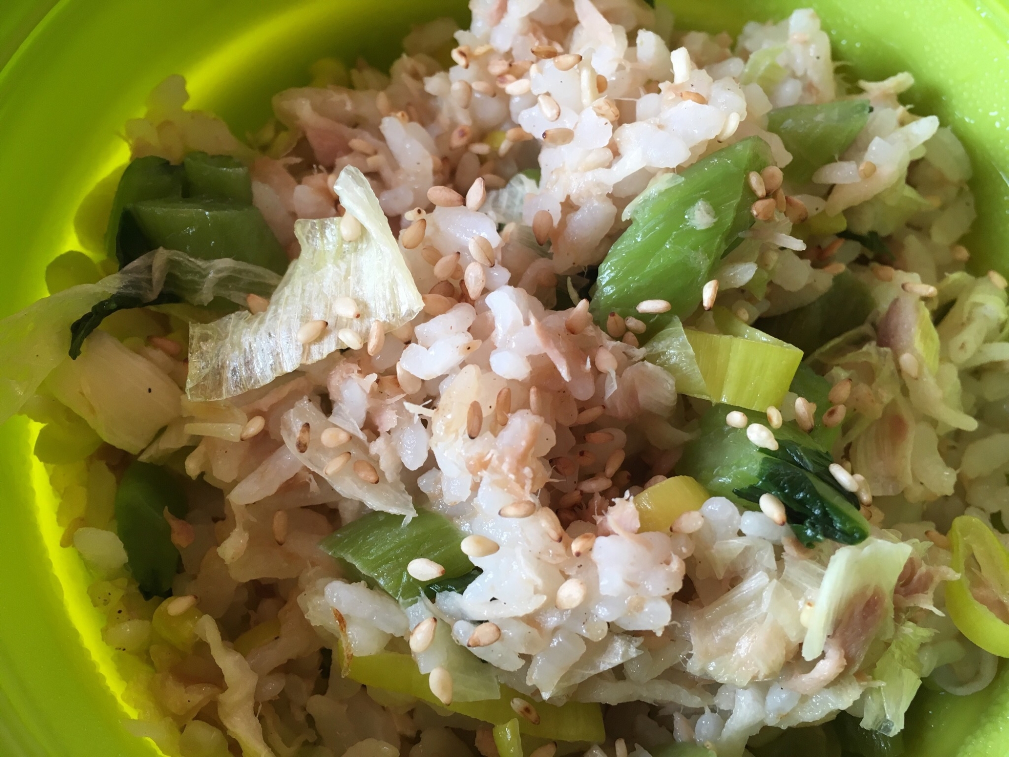 レンジで野沢菜ツナ炒飯