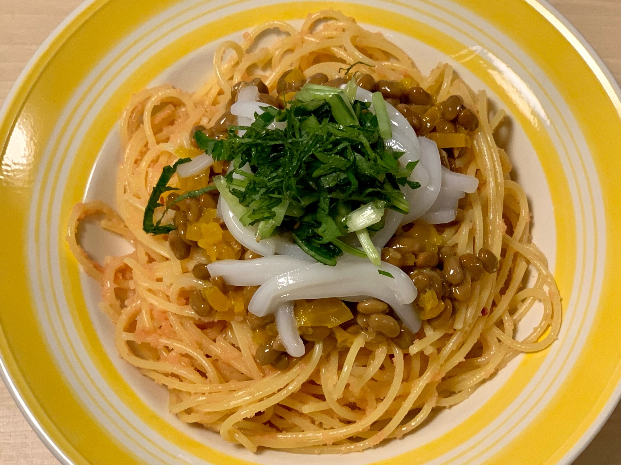 いかと納豆と壬生菜の明太子パスタ