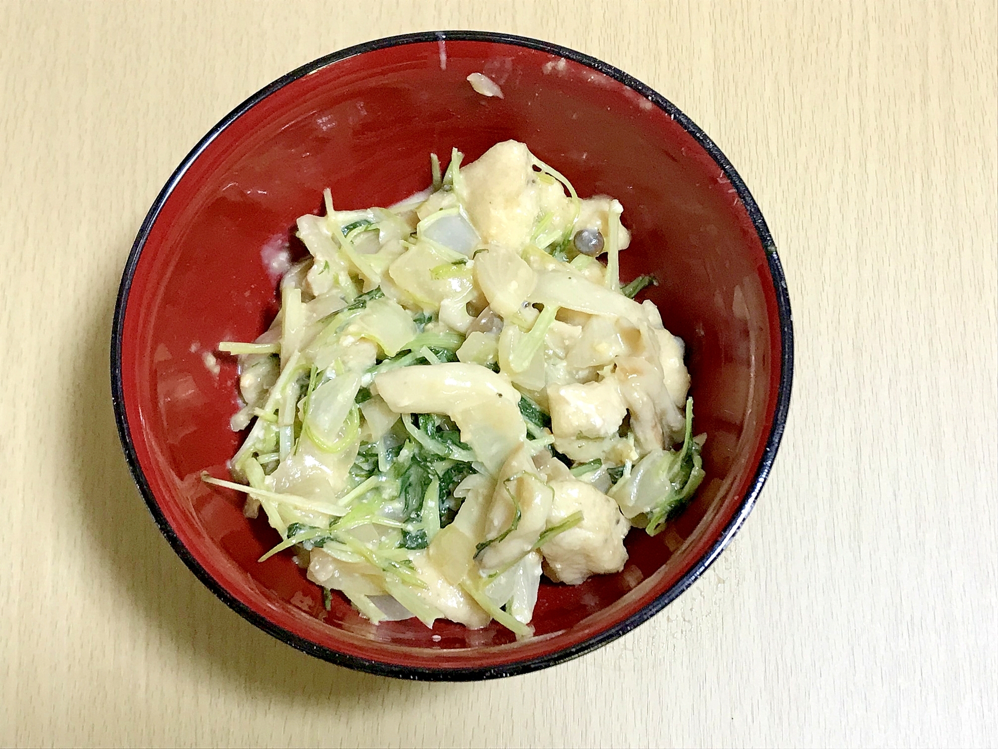 鶏胸肉と水菜としめじと玉ねぎのマヨ味噌炒め