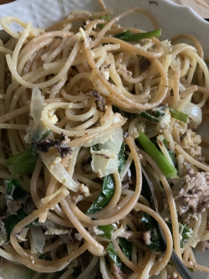 ツナの代わりに鯖缶(賞味期限が。。。)、追加でしいたけも使いました。ニラの消費に手早く美味しいレシピありがとうございました。唐辛子や七味、チーズもかけたくなった