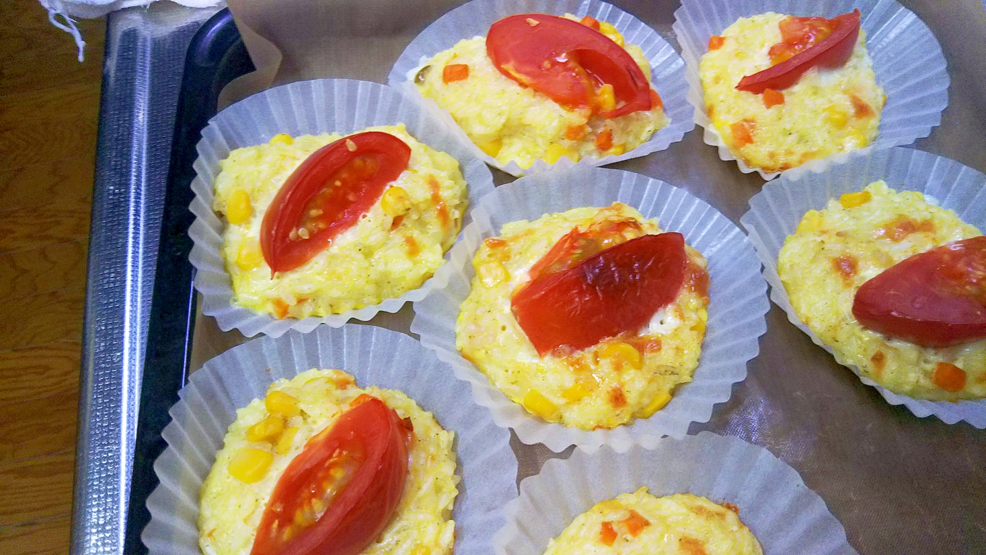 冷やご飯のレンジ焼き（ﾐｯｸｽﾍﾞｼﾞ・ﾄﾏﾄ）