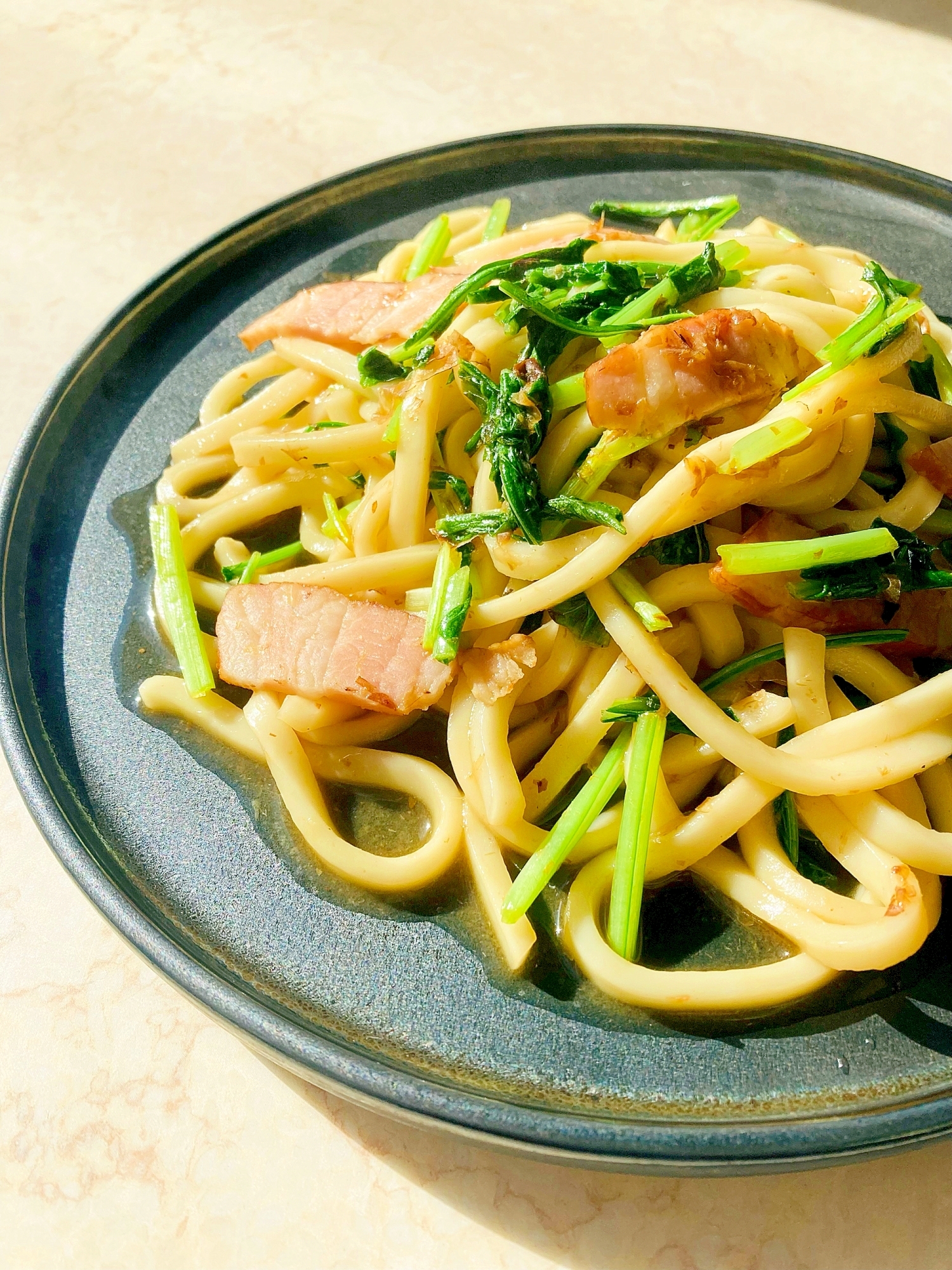 ♦️ベーコンと水菜の和風焼きうどん