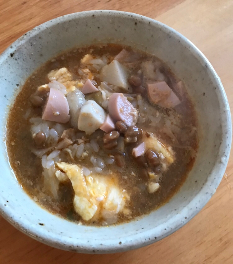 魚ニソと里芋のピリ辛納豆雑炊