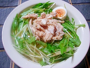 蒸し鶏と水菜のサラダ麺