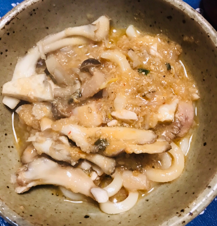 きのこと厚揚げ、天かす、豚こまのおろし温うどん