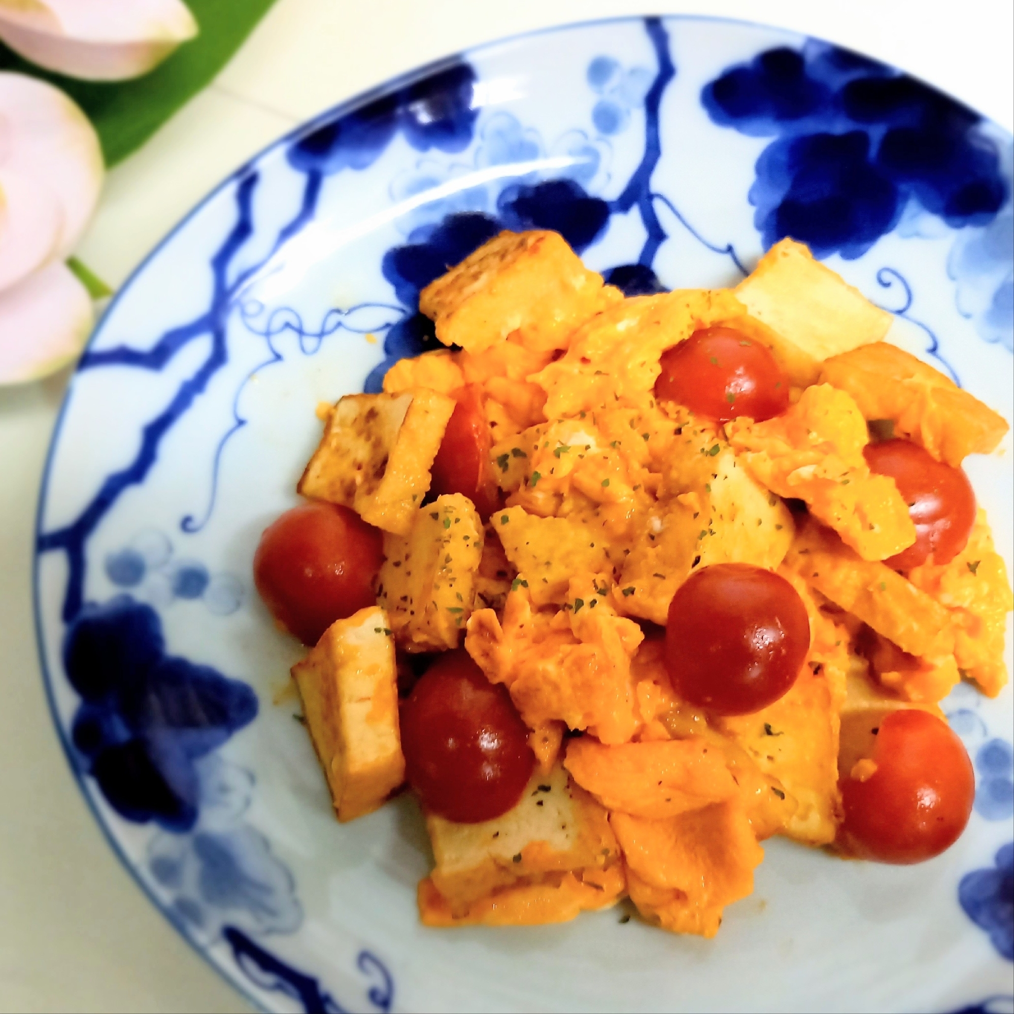 簡単おつまみᕷ* 厚揚げとトマトの卵炒めꕤ୭*