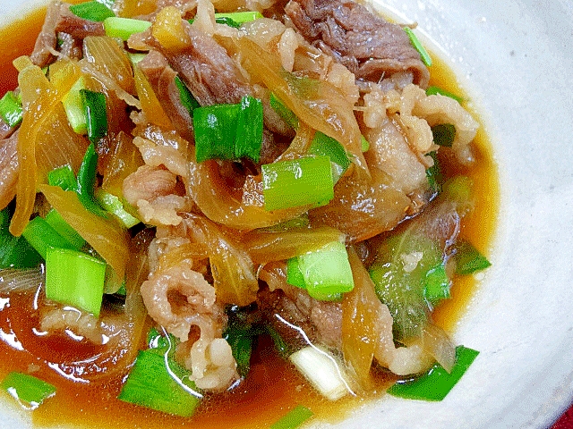 白い皿に盛り付けられた牛肉と玉ねぎのしぐれ煮