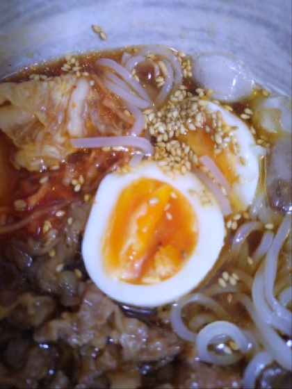 冷麺の具で作りました。
半熟にしたかったので、余熱時間4分くらいにしました。