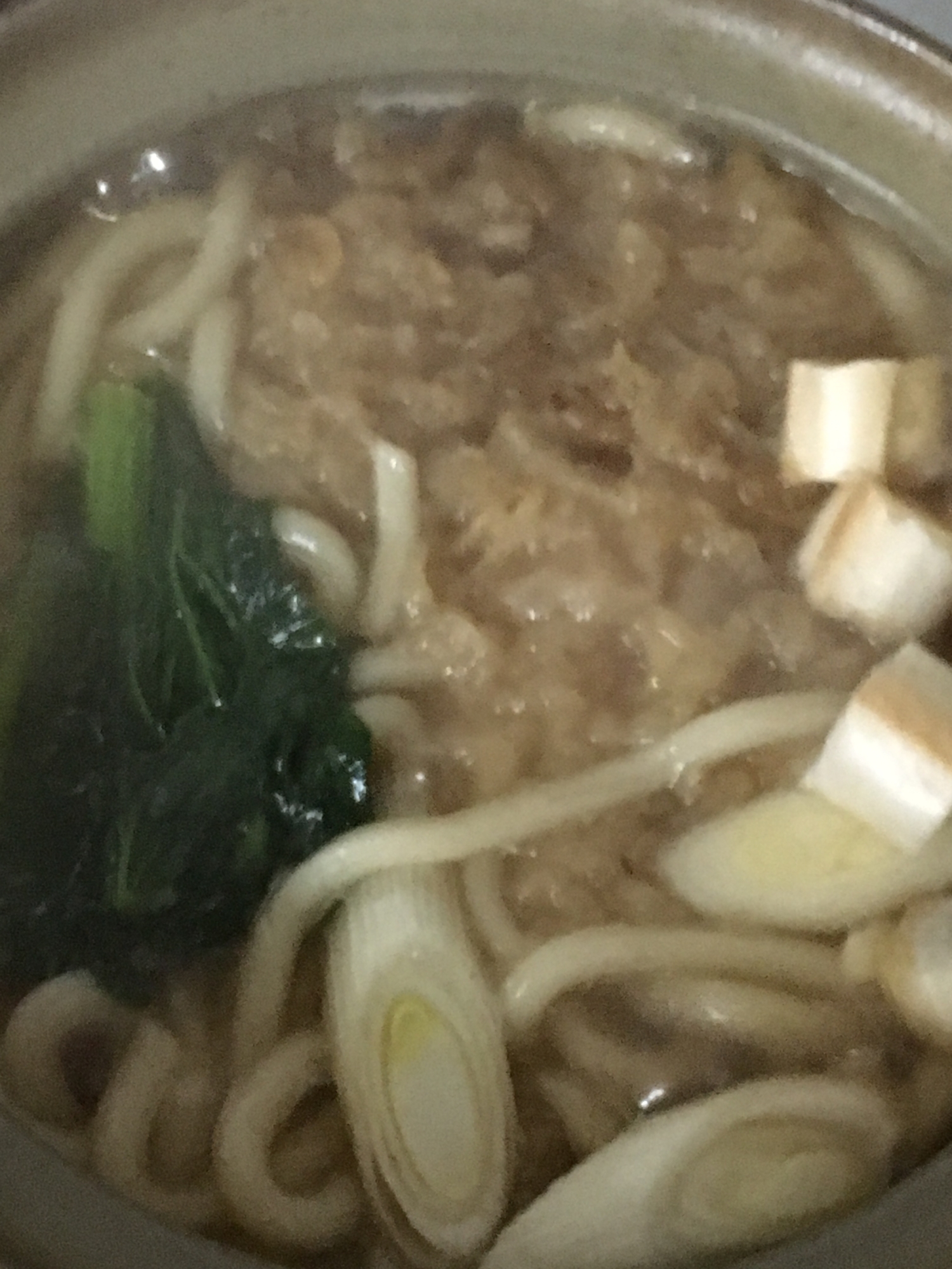 おつゆ麩、豚こま、青梗菜、天かす、ネギのうどん