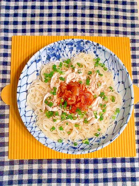 ささみとキムチのぶっかけ素麺♪