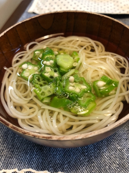 おくら、ミョウガの生姜風味ぶっかけ素麺