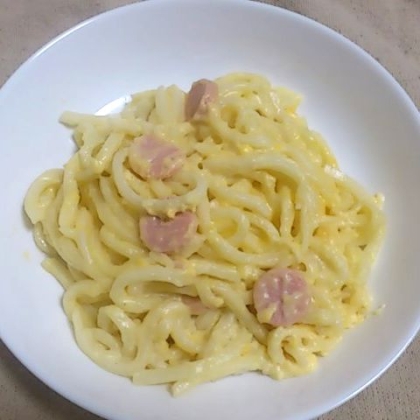 ベーコンが無くて魚肉ソーセージですがとっても美味しく出来ました！パスタより食べやすかったです♪ちょっと火にかけすぎて汁が飛んじゃったのは失敗。。。