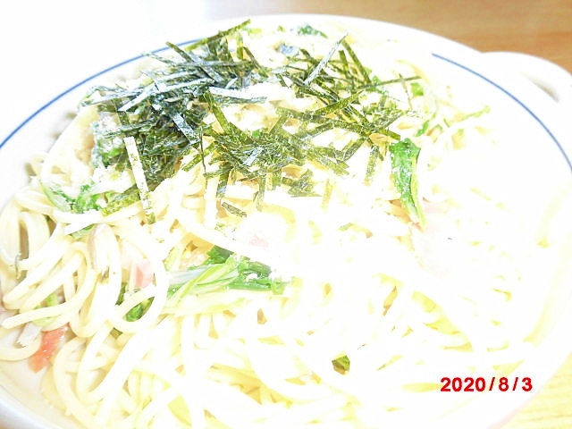 ベーコンと水菜のジェノベーゼパスタグリル