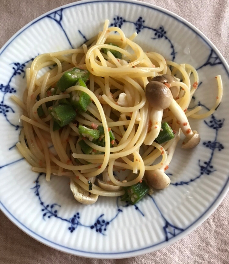 しめじとオクラのタラコふりかけパスタ