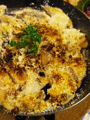 グリルパンで、ホタテ椎茸のアンチョビパン粉焼き