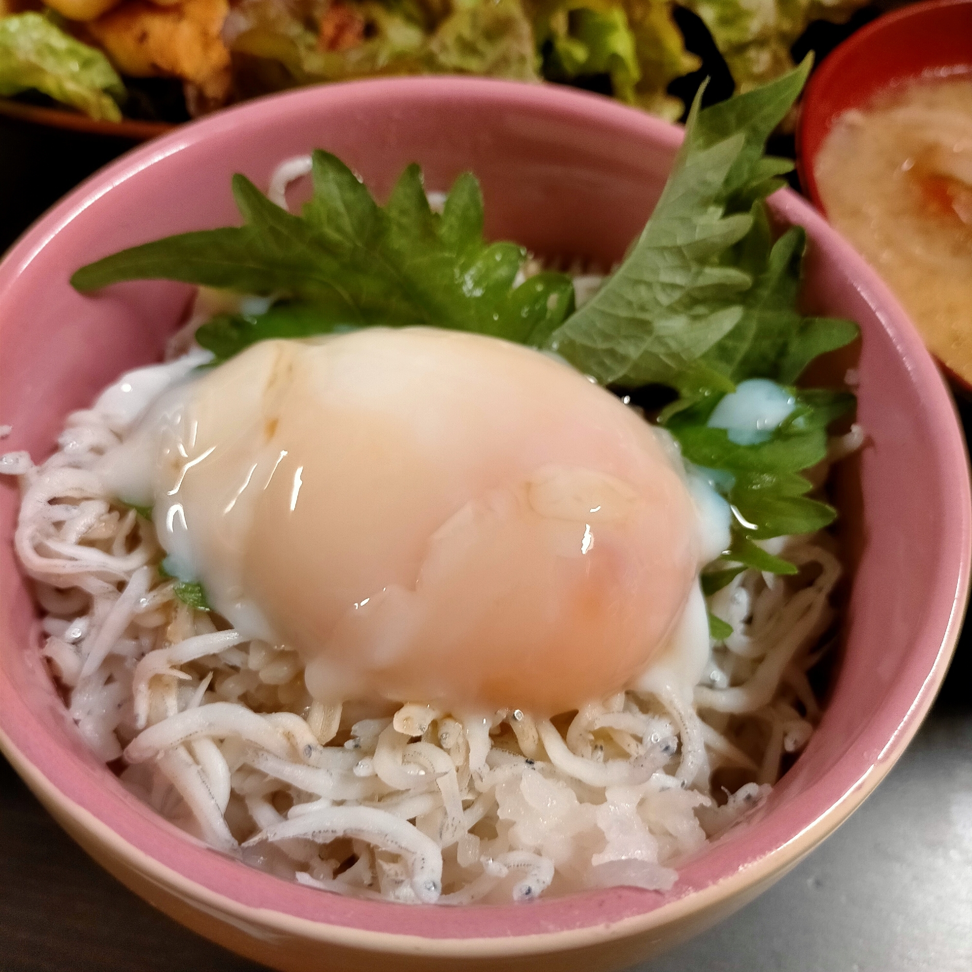 温泉玉子とシラスの丼