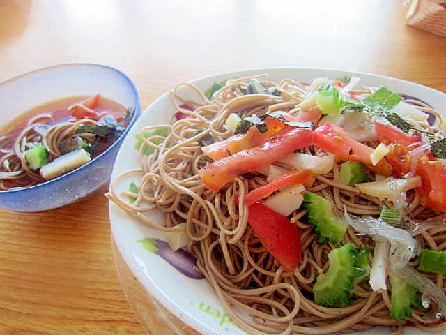 トマトゴーヤ生しらす蕎麦