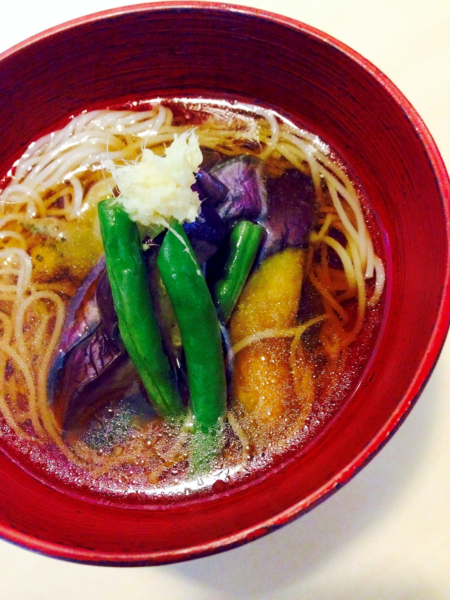 ★麺つゆで簡単手間なし！焼きなす温っかそうめん♪