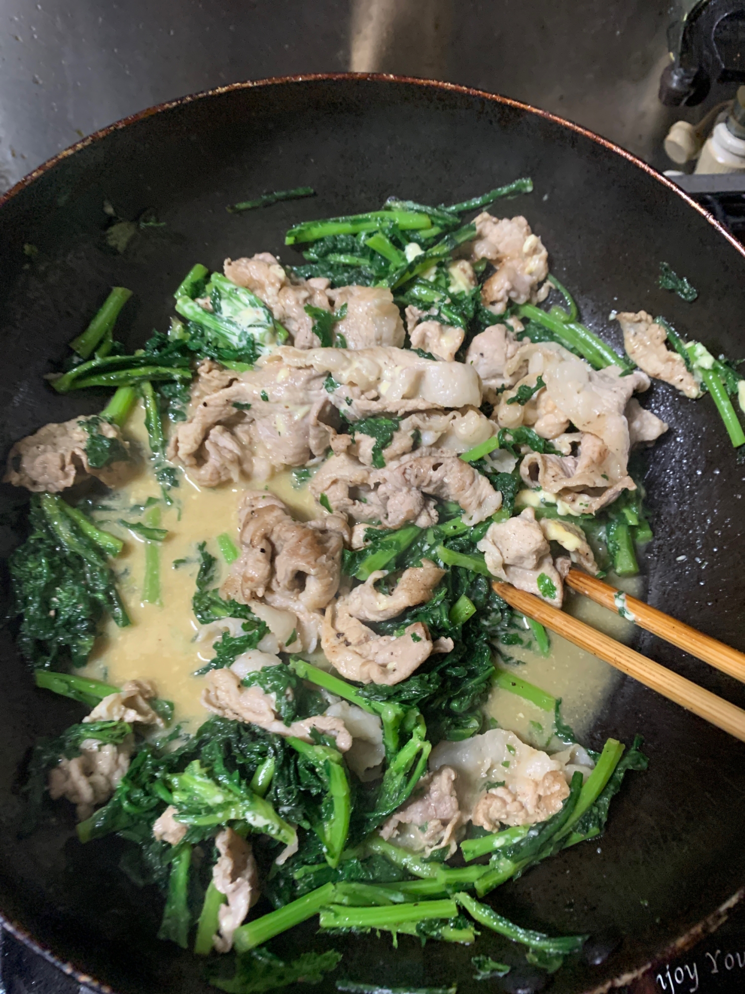 カラシ菜と豚肉のマヨネーズ炒め