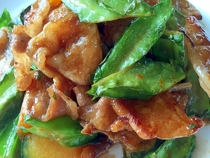 皿に盛付けた豚肉と四角豆の甘辛炒め