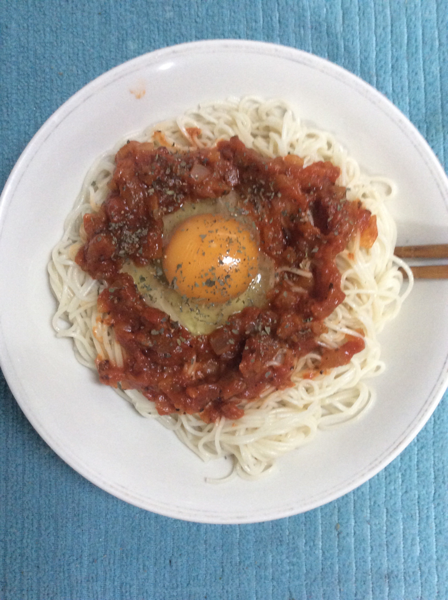 ピザソースで♪イタリアン釜玉そうめん