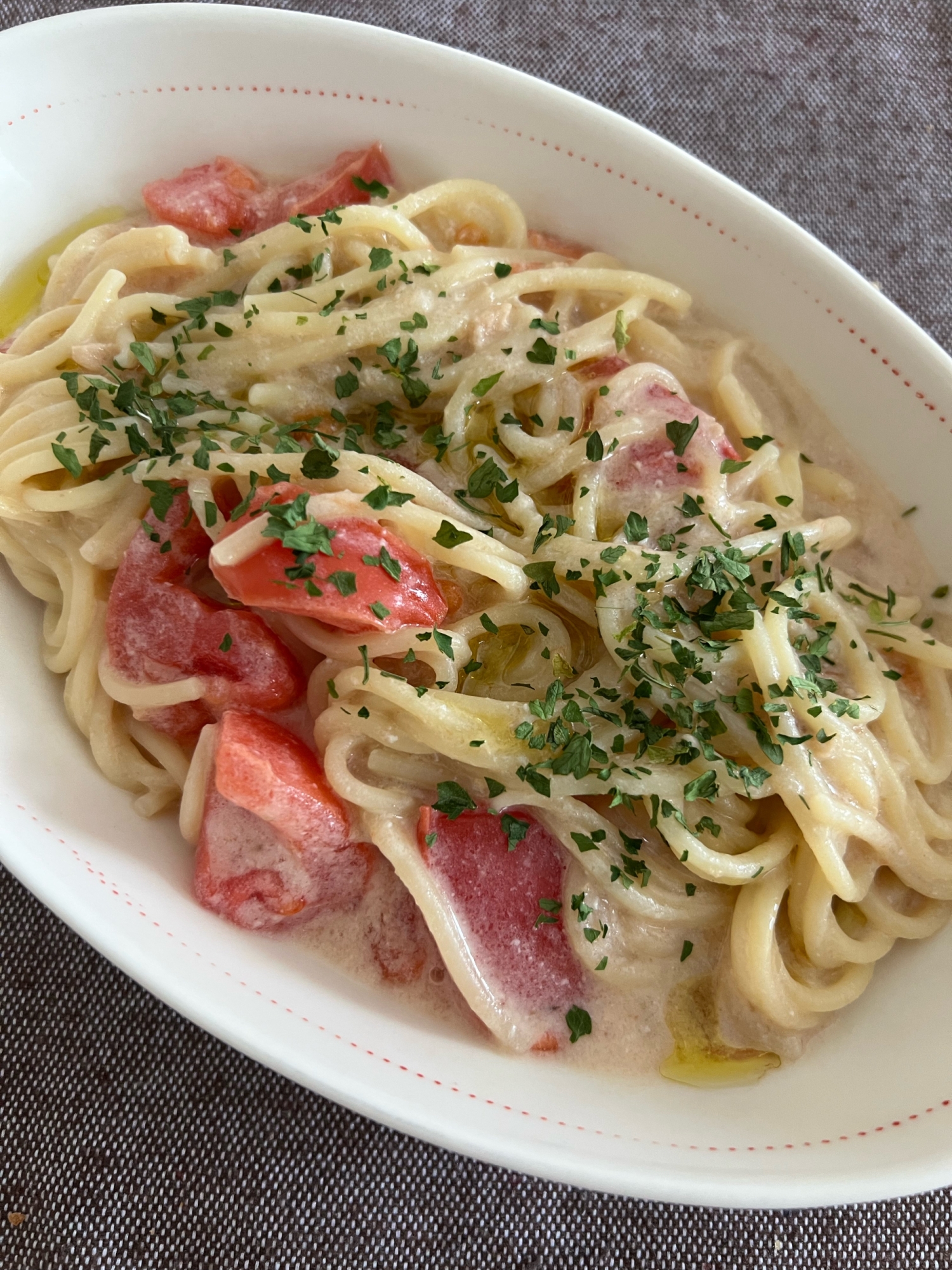 レンジで簡単♪ツナとトマトの豆乳パスタ