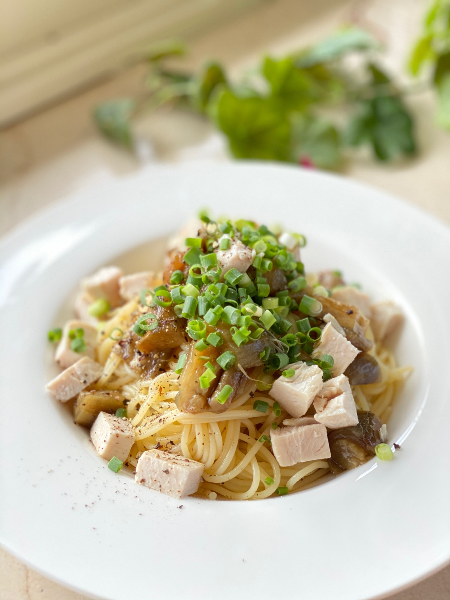 焼きなすとサラダチキンの冷製パスタ~流水冷やし