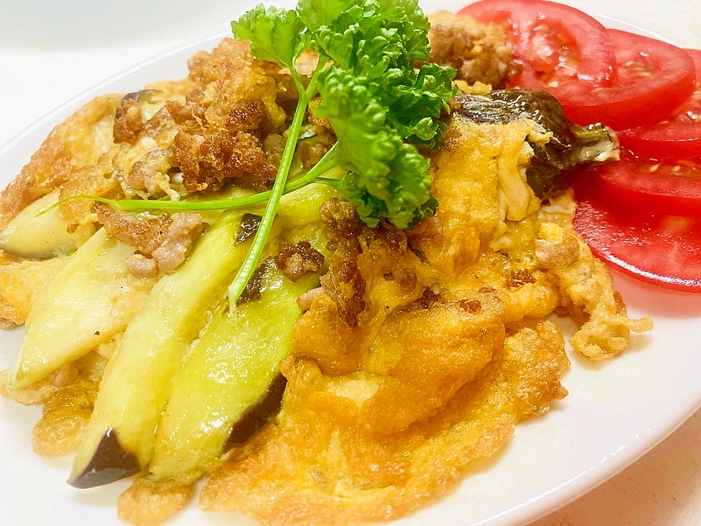 ★今日のおかず-「茄子と挽肉の卵とじ焼き」