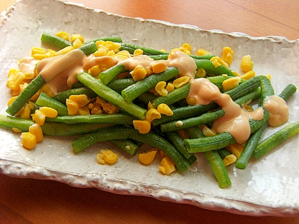 おお味なインゲンでも❤コーン合え♪（にんにく醤油）